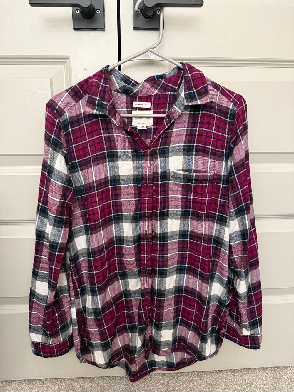 American Eagle Outfitters Plaid Button-Down Shirt in Pink and White